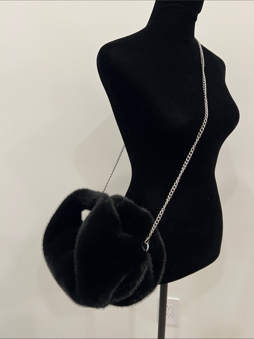 Black Faux Fur Crossbody Bag with Silver Chain